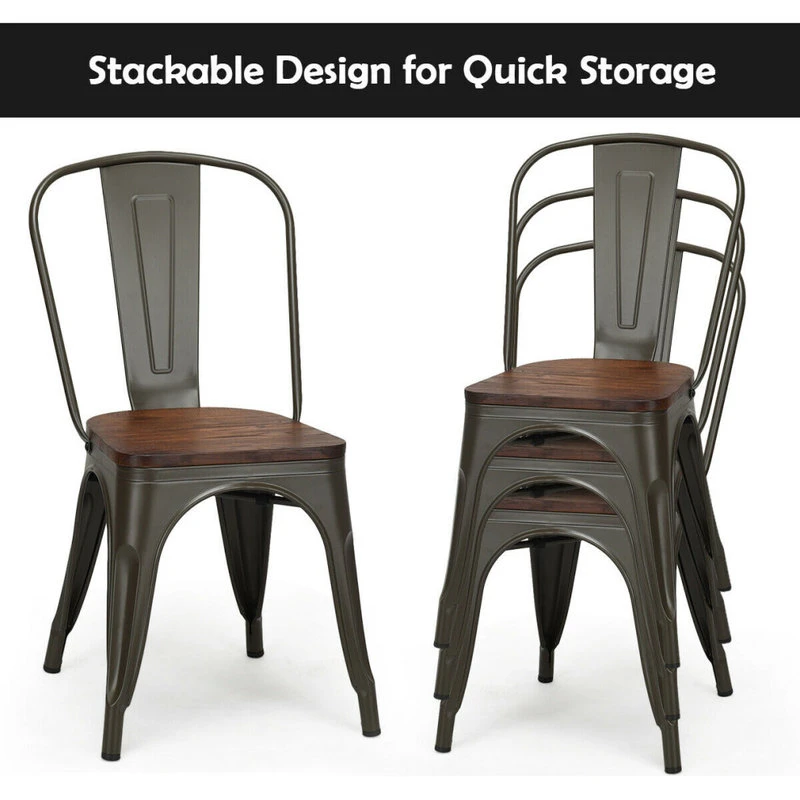 Costway Set Of 4 Style Metal Dining Side Chair Wood Seat Stackable Bistro Cafe 6 Costway Set Of 4 Style Metal Dining Side Chair Wood Seat Stackable Bistro Cafe - Image 4
