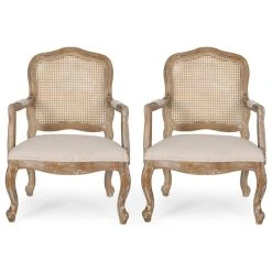 GDFStudio Biorn French Country Upholstered Dining Armchair, Beige + Natural, Set Of 2