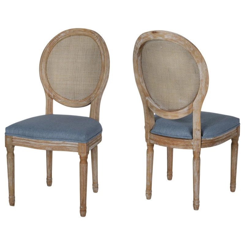 GDFStudio Camilo Wooden Dining Chair With Wicker And Fabric Seating, Set Of 2, Light Blue 3 GDFStudio Camilo Wooden Dining Chair With Wicker And Fabric Seating, Set Of 2, Light Blue