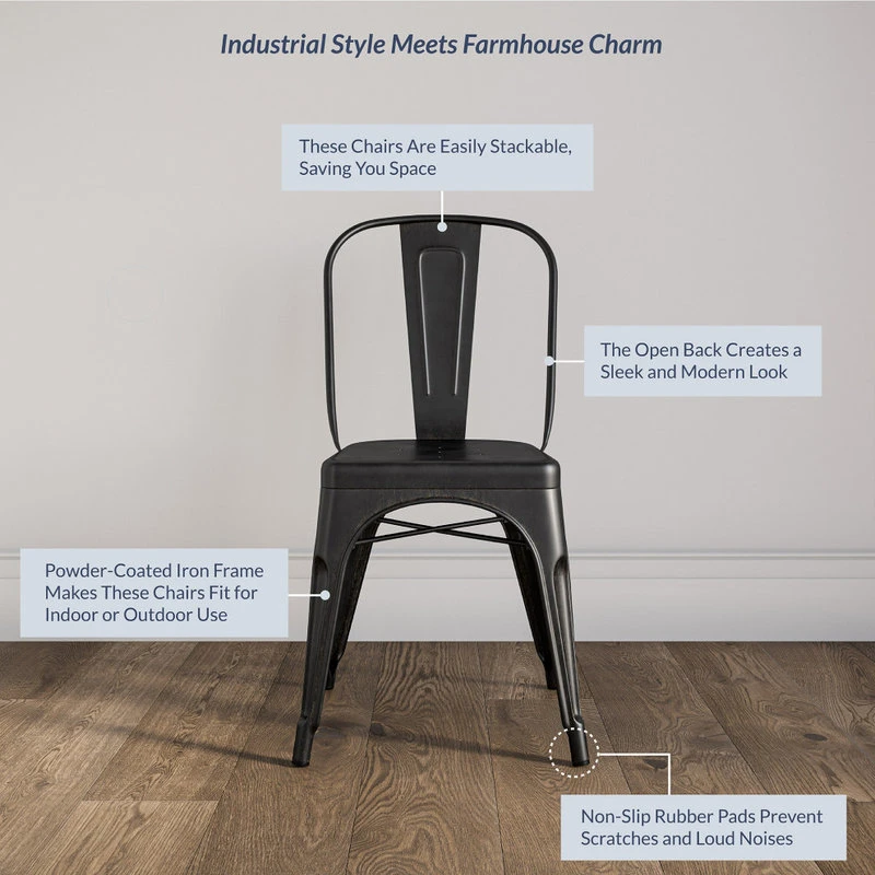 Belleze Trattoria Dining Chair, Metal, Stackable, Set Of 4, Antique Black 6 Belleze Trattoria Dining Chair, Metal, Stackable, Set Of 4, Antique Black - Image 4