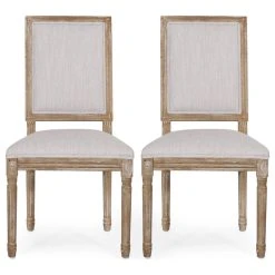 GDFStudio Amy French Country Wood Upholstered Dining Chair, Set Of 2, Light Gray/Natural