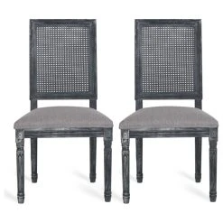 GDFStudio Brownell French Country Wood And Cane Upholstered Dining Chair, Set Of 2, Gray