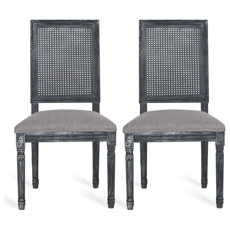 GDFStudio Brownell French Country Wood And Cane Upholstered Dining Chair, Set Of 2, Gray 3 GDFStudio Brownell French Country Wood And Cane Upholstered Dining Chair, Set Of 2, Gray