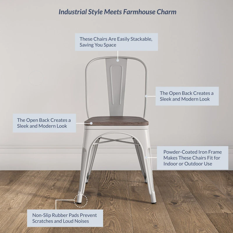 Belleze Wood Seat Metal Dining Chairs, Set Of 4, White 6 Belleze Wood Seat Metal Dining Chairs, Set Of 4, White - Image 4