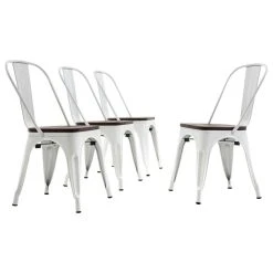 Belleze Wood Seat Metal Dining Chairs, Set Of 4, White