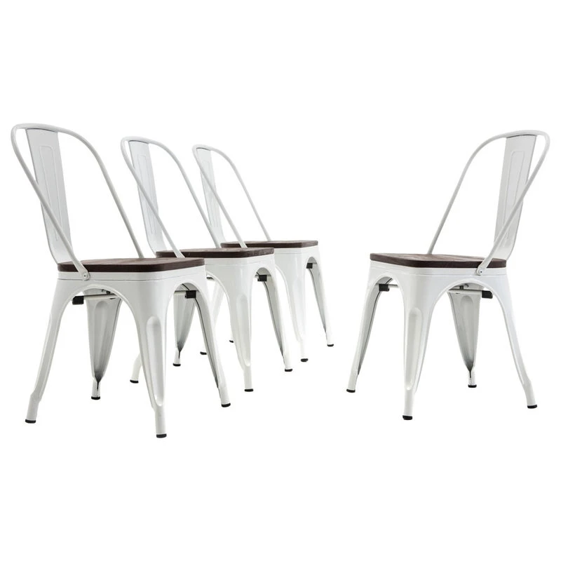 Belleze Wood Seat Metal Dining Chairs, Set Of 4, White 3 Belleze Wood Seat Metal Dining Chairs, Set Of 4, White