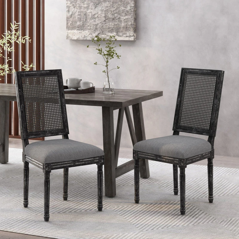 GDFStudio Brownell French Country Wood And Cane Upholstered Dining Chair, Set Of 2, Gray 4 GDFStudio Brownell French Country Wood And Cane Upholstered Dining Chair, Set Of 2, Gray - Image 2