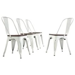 Belleze Wood Seat Metal Dining Chairs, Set Of 4, Antique White
