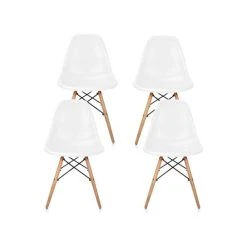 CozyBlock White DSW Midcentury Dining Shell Chairs, Beech Wood Eiffel Legs, Set Of 4