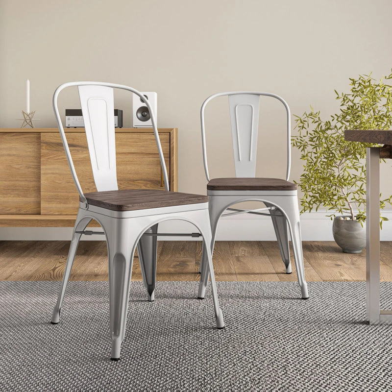 Belleze Wood Seat Metal Dining Chairs, Set Of 4, White 4 Belleze Wood Seat Metal Dining Chairs, Set Of 4, White - Image 2
