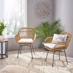 GDFStudio Rodney Indoor Woven Faux Rattan Chairs With Cushions, Set Of 2, Light Brown, Bei -abbyson shop c3c104df01d53a68 4350 w800 h800 b0 p0