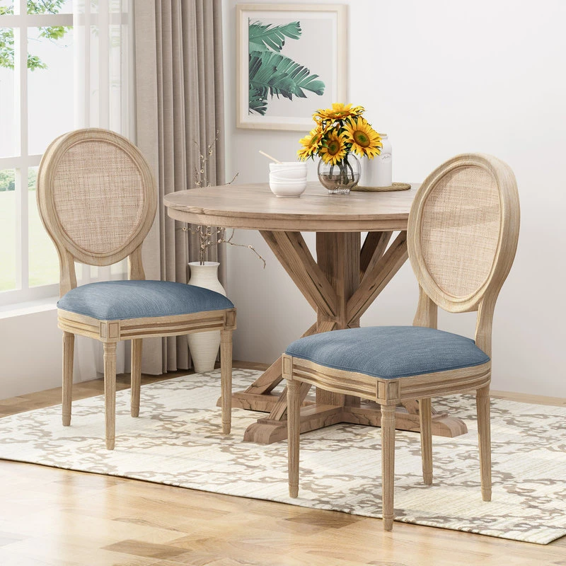 GDFStudio Camilo Wooden Dining Chair With Wicker And Fabric Seating, Set Of 2, Light Blue 4 GDFStudio Camilo Wooden Dining Chair With Wicker And Fabric Seating, Set Of 2, Light Blue - Image 2