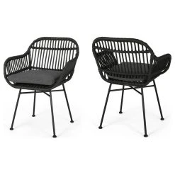 GDFStudio Rodney Indoor Woven Faux Rattan Chairs With Cushions, Set Of 2, Gray, Dark Gray
