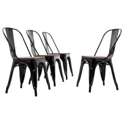 Belleze Wood Seat Metal Dining Chairs, Set Of 4, Black