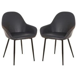 Glitzhome Mid-Century Modern Vintage Navy Blue Leatherette Dining Armchair, Set Of 2